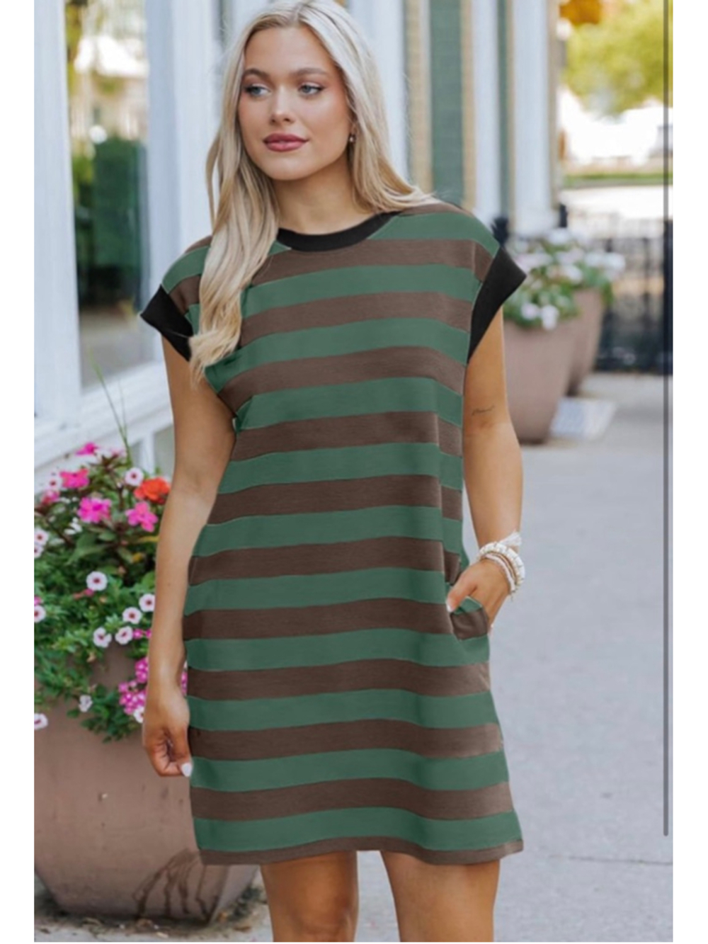 NEW Striped Ribbed Dress Crewneck Cap Sleeve Color Block Pockets S - Picture 6 of 8